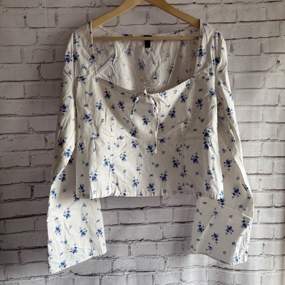 wild fable White Floral Tie-Front Long Sleeve Blouse